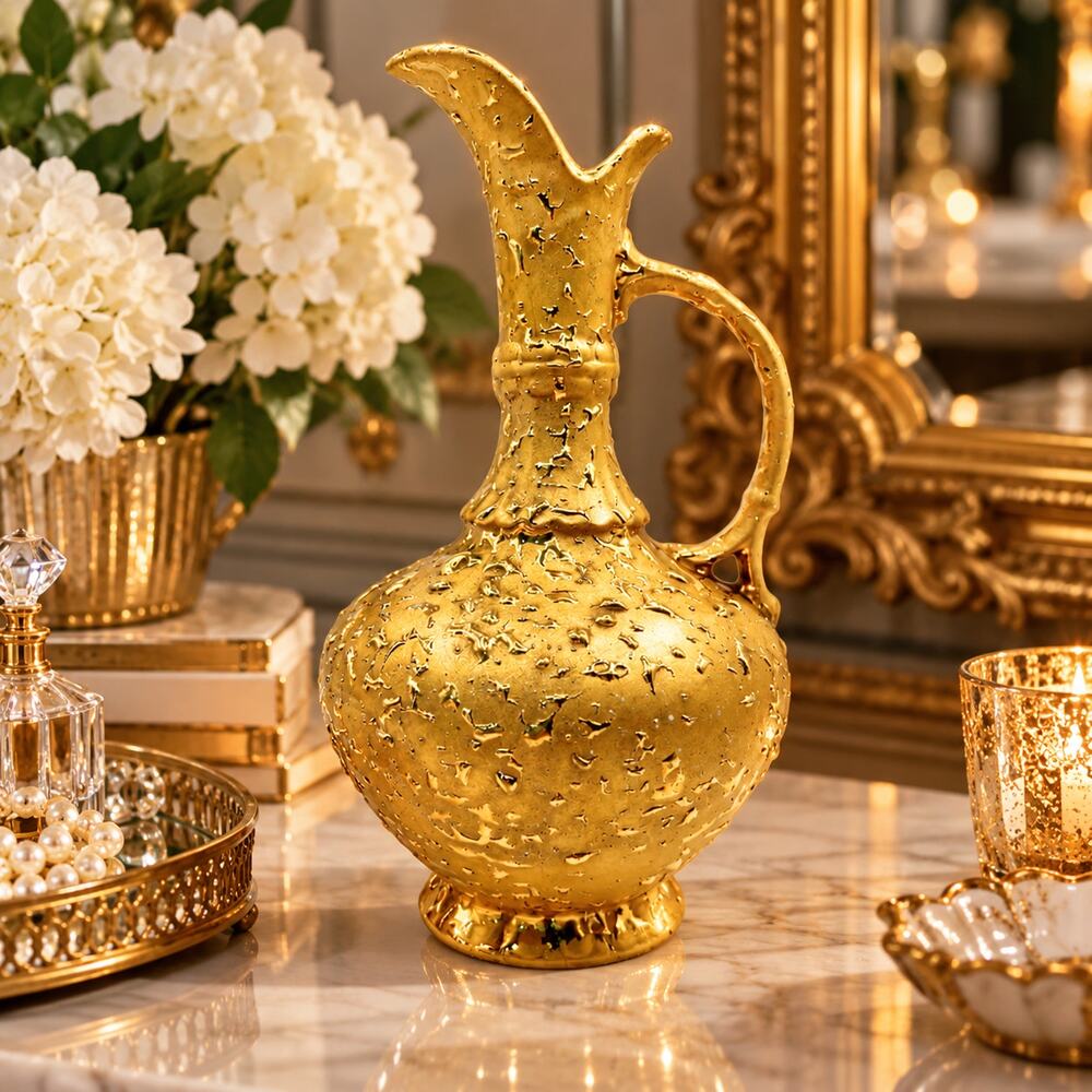 Vintage 22K Weeping Gold Ewer Pitcher Vase Mid Century Ceramic Made in USA